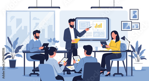 Business Meeting with Colleagues and Presentation.