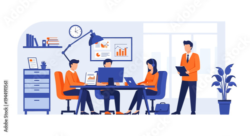 Office Workers Collaborating on Computer Project.