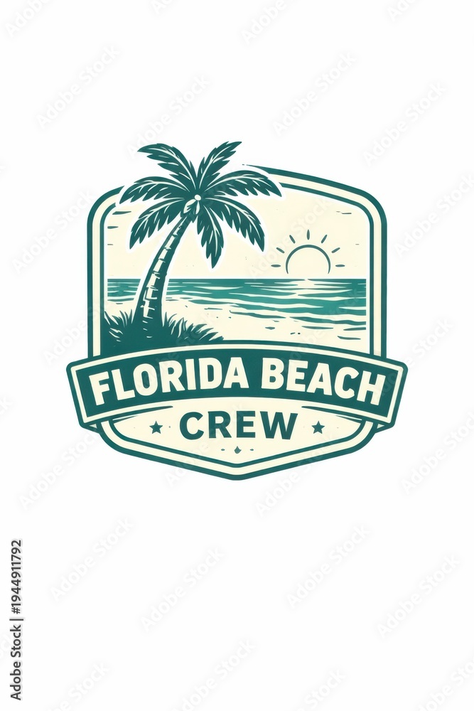Fototapeta premium Florida beach crew emblem with tropical palm tree and ocean sunset on turquoise badge design for summer vacation branding