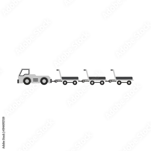 Clean vector illustration of an airport baggage tow tractor pulling a connected train of luggage carts, symbolizing efficient ground operations and passenger journey logistics