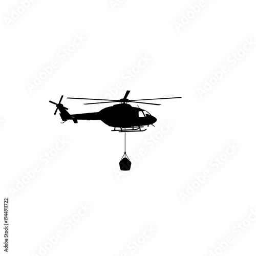 Minimalist black silhouette of a helicopter carrying a suspended cargo bucket, ideal for aerial transport, emergency response, and firefighting operations design