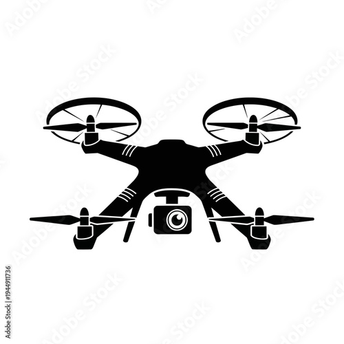 A top-down silhouette icon of a quadcopter drone with a camera mounted underneath, representing modern aerial technology and surveillance