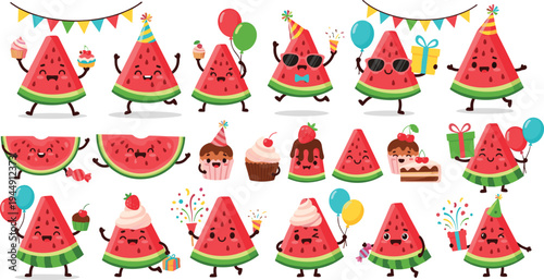 Cute Watermelon Party Character Collection with Birthday Hats Balloons Gifts Cupcakes and Funny Cartoon Fruit Mascots for Kids Celebration Stickers and Summer Designs