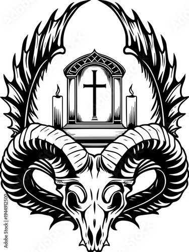 SVG dark Leviathan among graves and temples tattoo design vector.  Detailed Illustration of a Ram Skull with Cross and Candles