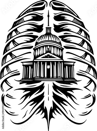 SVG dark Leviathan among graves and temples tattoo design vector.  Intricate Black and White Design Featuring Capitol Building and Leaf