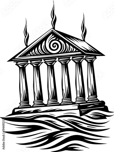 SVG dark Leviathan among graves and temples tattoo design vector.  Ancient Temple Rising Above Swirling Waves in Black and White Art