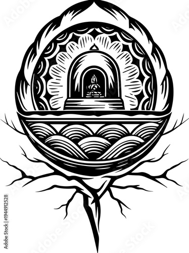 SVG dark Leviathan among graves and temples tattoo design vector.  Intricate Black and White Buddha Illustration with Lotus and Cracks