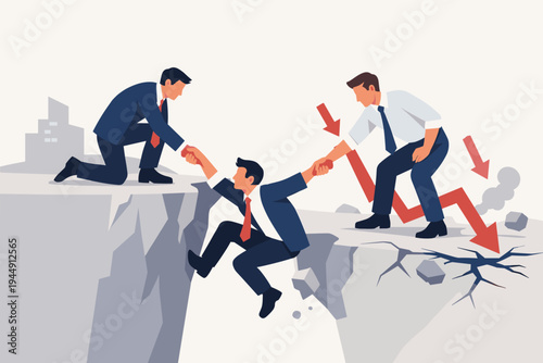 Businessmen supporting each other during economic crisis and market crash. Teamwork and partnership helping a colleague from falling into a financial abyss. Corporate rescue and collaboration.