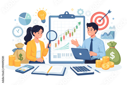 Investment Analysis and Financial Planning Concept with Professional Traders Analyzing Stock Market Data, Candlestick Charts, and Business Growth Strategy in a Flat Vector Illustration Style.