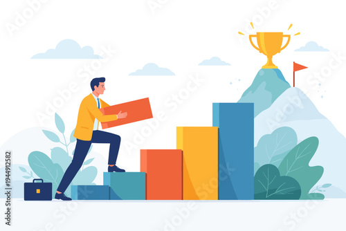 Businessman building a staircase with colorful blocks to reach a golden trophy on a mountain peak, representing career growth, goal achievement, ambition, and success in a flat vector style.