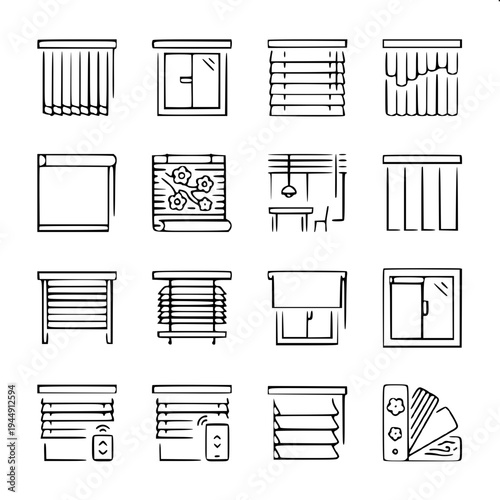 Smart home window blinds icon, window frame with horizontal shutter lines and a remote control with WiFi signal, monochrome black silhouette, minimal flat vector, isolated on white background.