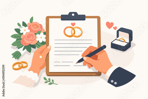 Flat Vector Illustration of a Couple Signing a Marriage Certificate on a Clipboard with Wedding Rings, a Bouquet of Roses, and an Engagement Ring Box on a Light Background for Celebration