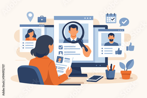 Flat Vector Illustration of a Female Recruiter Reviewing Online Job Applications and CVs on a Computer Screen, Concept for HR Hiring Process, Talent Acquisition, Recruitment, and Job Searching