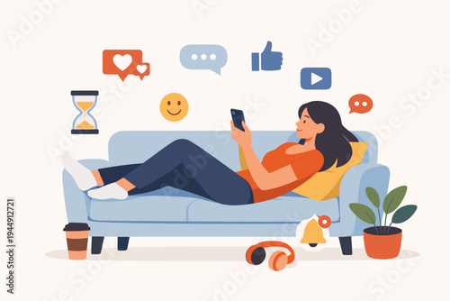 Flat Vector Illustration of a Young Woman Lying on a Sofa and Wasting Time on Social Media with Floating Icons for Likes, Hearts, and Notifications, Representing Digital Addiction and Leisure.