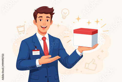 Smiling professional salesman in a blue business suit and red tie holding a white product box with a red lid, presenting a new item, marketing and retail concept, flat vector illustration.
