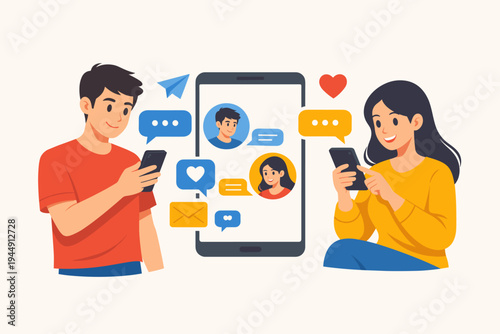 Flat vector illustration of a young man and woman using a mobile app to chat with each other. Smiling couple communicating via smartphone with colorful chat bubbles, heart icons, and notifications.