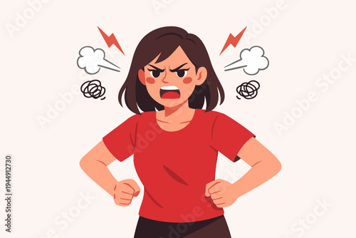 Angry Woman Feeling Frustrated and Furious with Steam Coming Out of Her Ears and Red Lightning Symbols, Flat Vector Illustration of a Young Female Screaming in Rage and Stress, Emotional Conflict