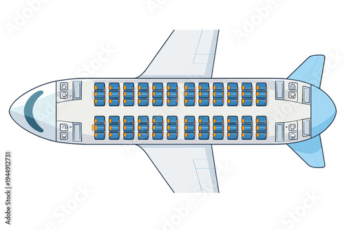 Top View Vector Illustration of an Airplane Seat Chart Plan Showing Passenger Seating Layout with Blue Seats, Wings, and Cockpit for Travel Booking, Flight Planning, and Aviation Design Assets