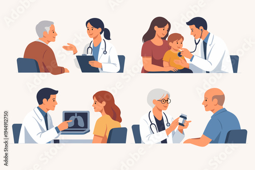 Flat vector illustration of medical doctors providing consultations to diverse patients, including pediatric checkups, geriatric care, lung health diagnosis, and medication advice in a clinic.