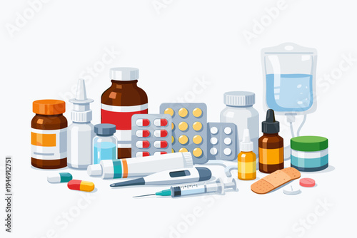 Comprehensive Medical Set Illustration with Various Drugs, Pills, Capsules, Syrup Bottles, Digital Thermometer, Syringe, Adhesive Bandage, IV Drip Bag, and Ointment for Healthcare and Pharmacy.