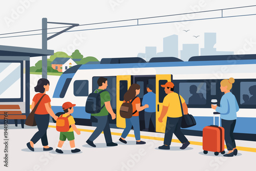 Flat vector illustration of people boarding a commuter train at a suburban railway station platform, featuring travelers with luggage, a family with a child, and commuters with backpacks.