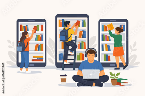 Online Education Concept with Students Picking Books from Digital Library Bookshelves on Large Mobile Phone Screens. E-learning, Remote Study, and Digital Knowledge Access Vector Illustration.