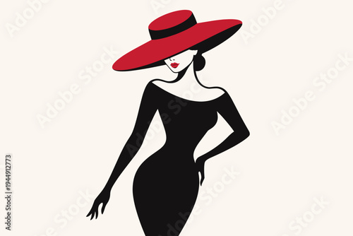 Elegant fashion woman silhouette wearing a stylish black dress and a large red wide-brimmed hat. Minimalist flat vector illustration of a sophisticated lady for beauty, style, and luxury branding.