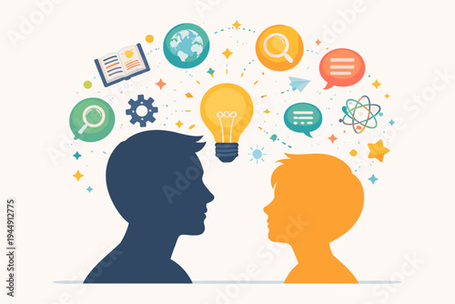 Flat vector illustration of adult and child silhouettes sharing knowledge and ideas, featuring educational icons like a lightbulb, globe, book, and atom for mentoring, learning, and communication.
