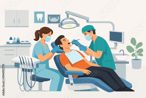 Modern Dental Clinic Interior with Dentist and Assistant Treating a Patient in a Chair, Flat Vector Illustration of Professional Oral Healthcare, Medical Checkup, and Stomatology Services