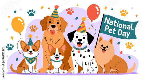 Happy national pet day celebration with group of cute dogs and cat wearing party hats and balloons