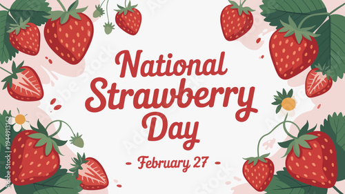 National strawberry day celebration on february 27 with fresh red strawberries and green leaves on pink background