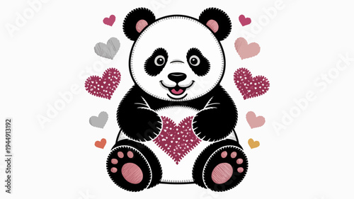 Cute panda bear holding heart surrounded by colorful hearts love and affection concept valentine's day theme adorable cartoon illustration