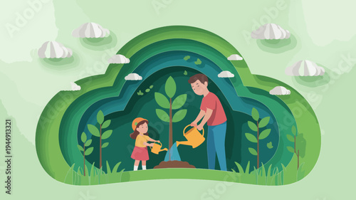 Father and daughter planting a tree together outdoors in a green landscape with clouds