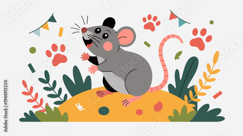 Happy cartoon mouse sitting on cheese mound with festive decorations and plants around