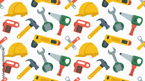 Colorful construction tools and equipment pattern with hammers wrenches and hard hats on white background for diy and industrial use