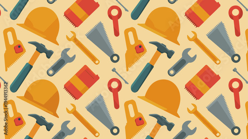 Colorful construction tools and equipment seamless pattern with hard hats wrenches hammers and screwdrivers on yellow background for diy workshop or industry use