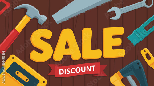 Vibrant sale discount sign with tools on wooden background advertising clearance and savings