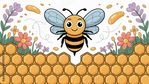 Happy cartoon bee flying over honeycomb with colorful flowers and pollen sunny garden scene