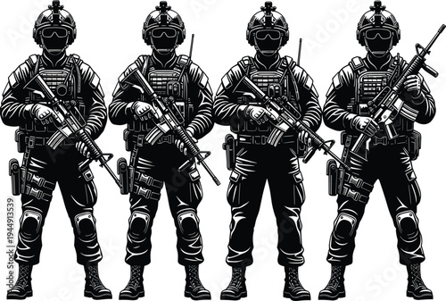 Special forces soldier silhouette set featuring four tactical military operators with rifles and gear for security and defense design