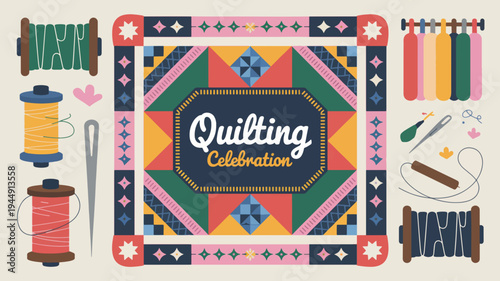 Colorful quilting celebration graphic with threads needles and tools on beige background symbolizing creativity and hobby