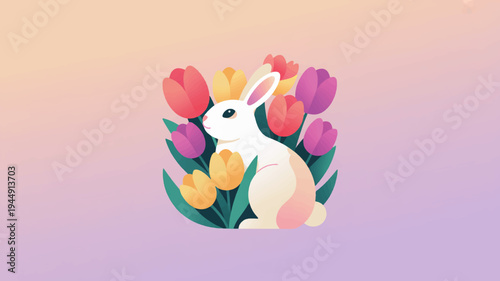 Cute white rabbit sitting among colorful tulips on pastel background spring concept with floral arrangement