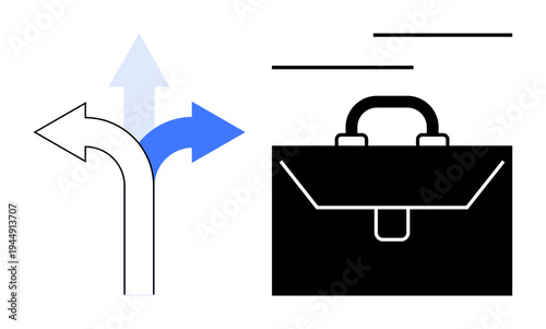Career development, decision-making, business strategy, job options, opportunity, professional growth. Arrows pointing in multiple directions with a briefcase icon. Career development