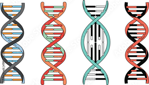 DNA double helix structure icon set featuring four different genetic sequence designs in flat vector style for biology and science
