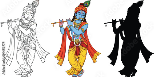 Lord Krishna playing flute vector set featuring line art full color and silhouette illustrations for Hindu festival and cultural design