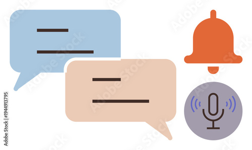 Digital communication, online messaging, voice interaction, notifications, social media, conversation. Chat bubbles, bell icon and microphone. Online messaging and notifications concept