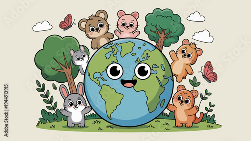 Happy cartoon earth surrounded by cute animals in a forest with trees and butterflies