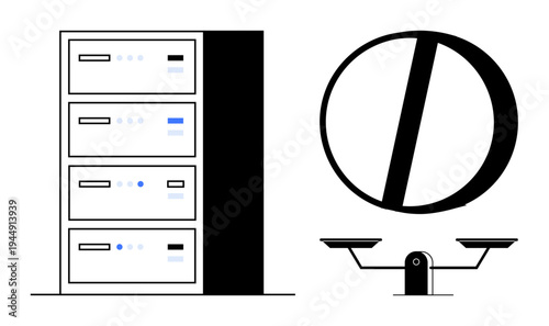 Data storage, security, ethical dilemmas, justice, legal compliance, digital balance. A server rack beside a justice scale with a circle symbol. Data storage and security concept