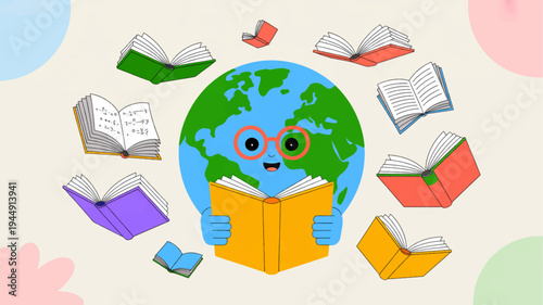 Globe reading a book surrounded by floating books in colorful illustration for education and learning concept