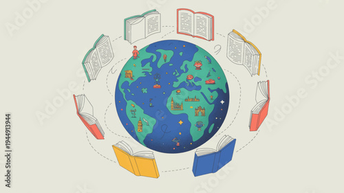 Globe surrounded by books and flags representing global education and cultural diversity