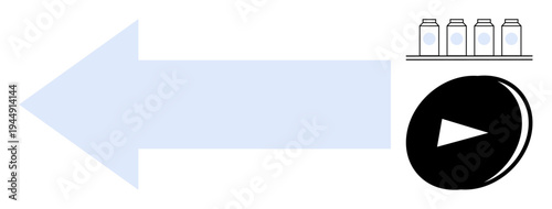 Direction navigation, media playback, inventory management, organization, product display, retail concepts. Large leftward arrow, play button bottled items on a shelf. Direction navigation and media